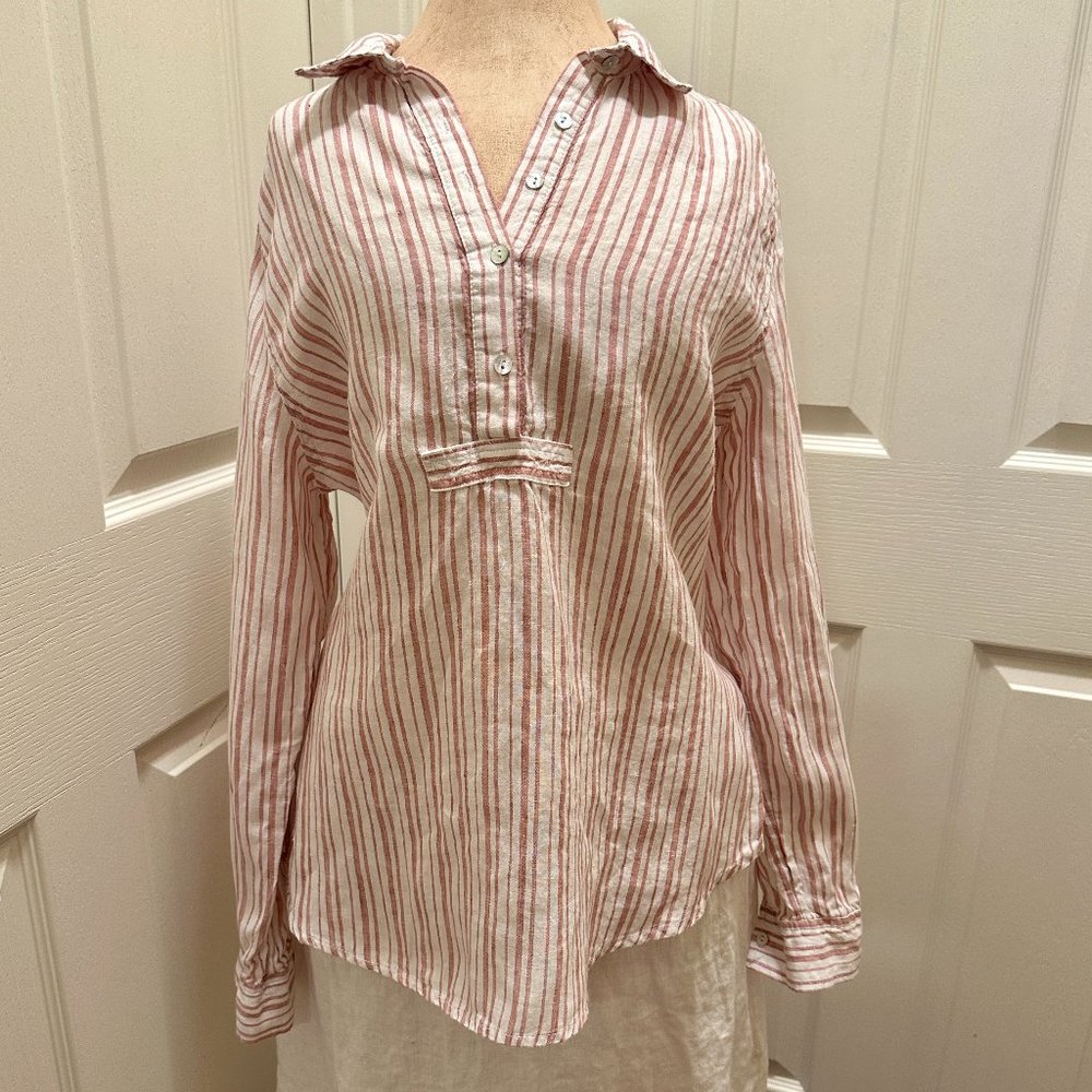 Rachel Zoe Women's 100% Linen Tunic Top Size M Striped Cottagecore Boho Coastal